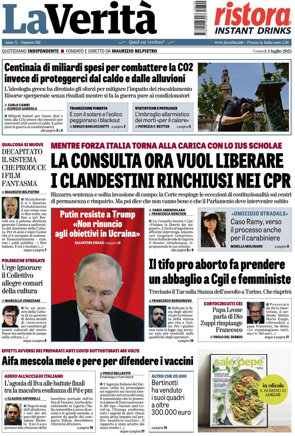 Anteprima prima pagina della rasegna stampa di ieri 2025-07-04 - la-verita/