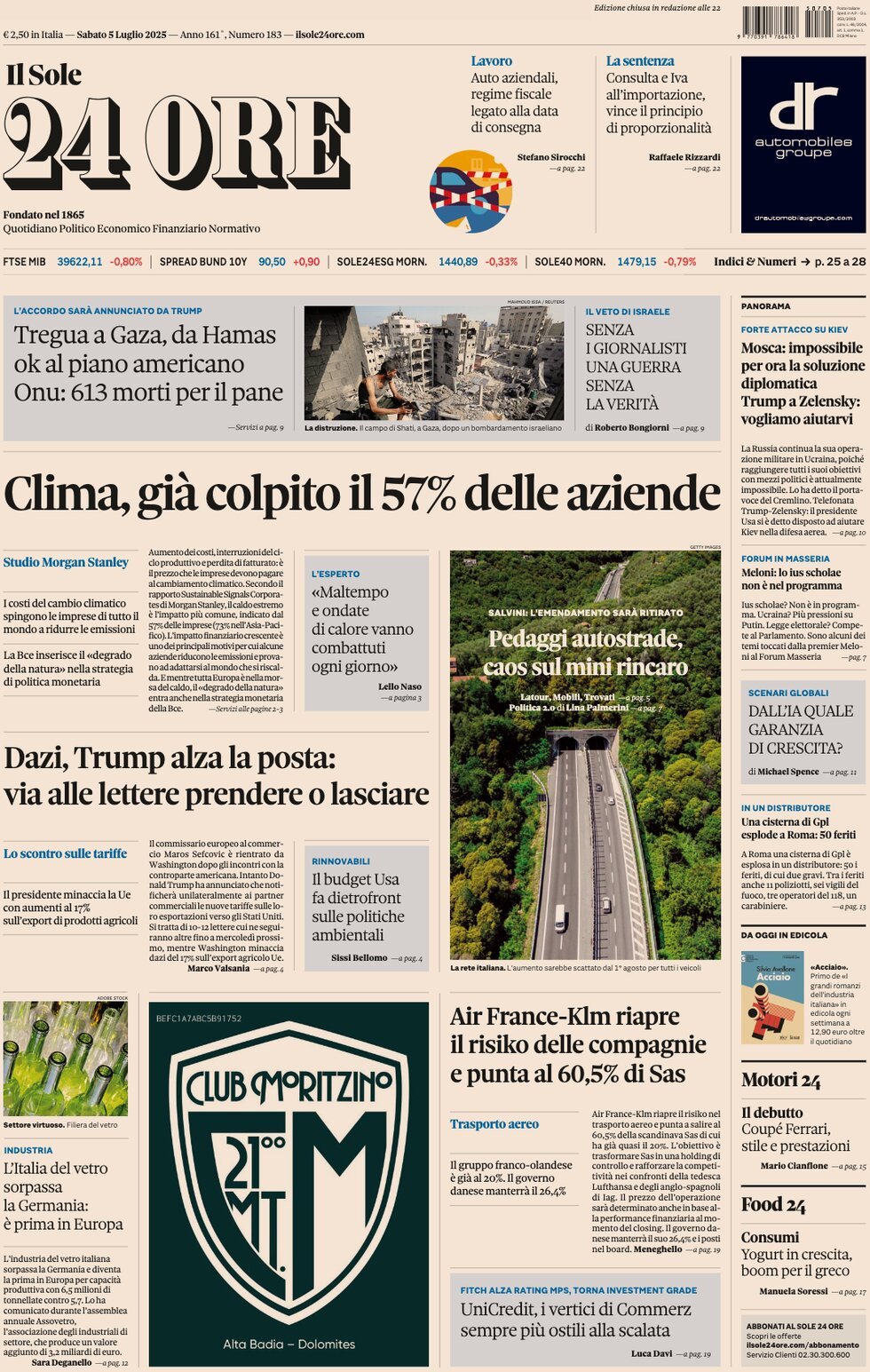 anteprima della prima pagina di Il Sole 24 Ore