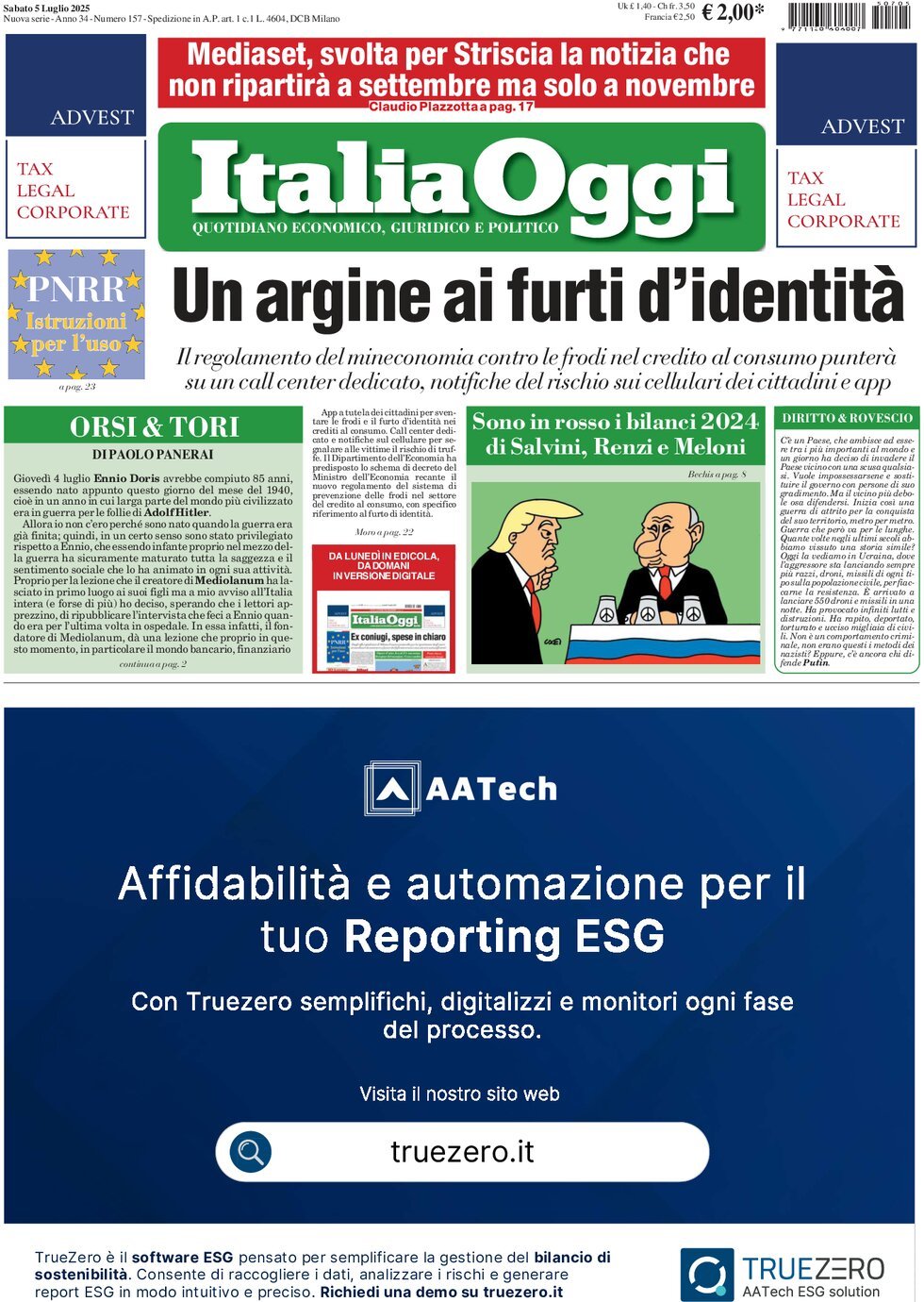 prima pagina - ItaliaOggi del 05/07/2025