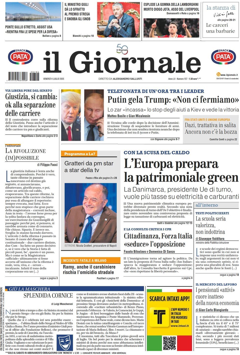 anteprima della prima pagina di Il Giornale