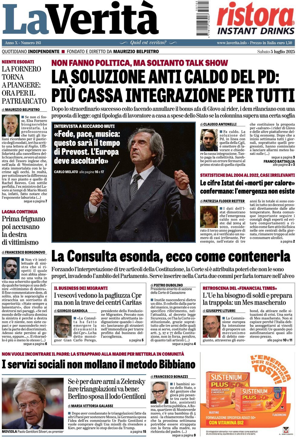 anteprima della prima pagina di La Verità