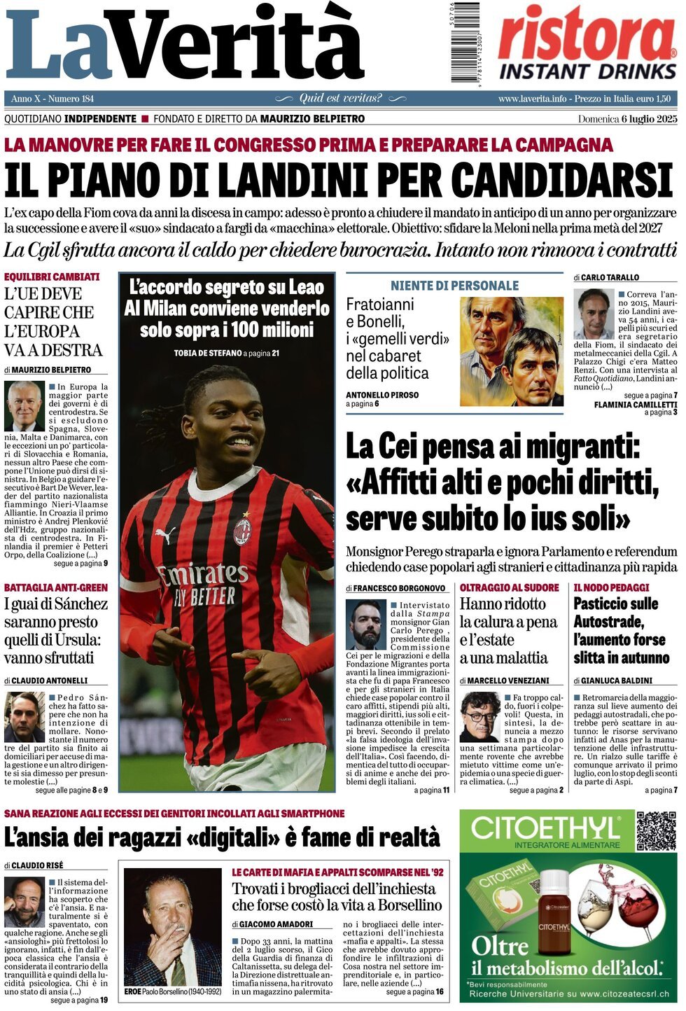 anteprima della prima pagina di la-verit del 06/07/2025