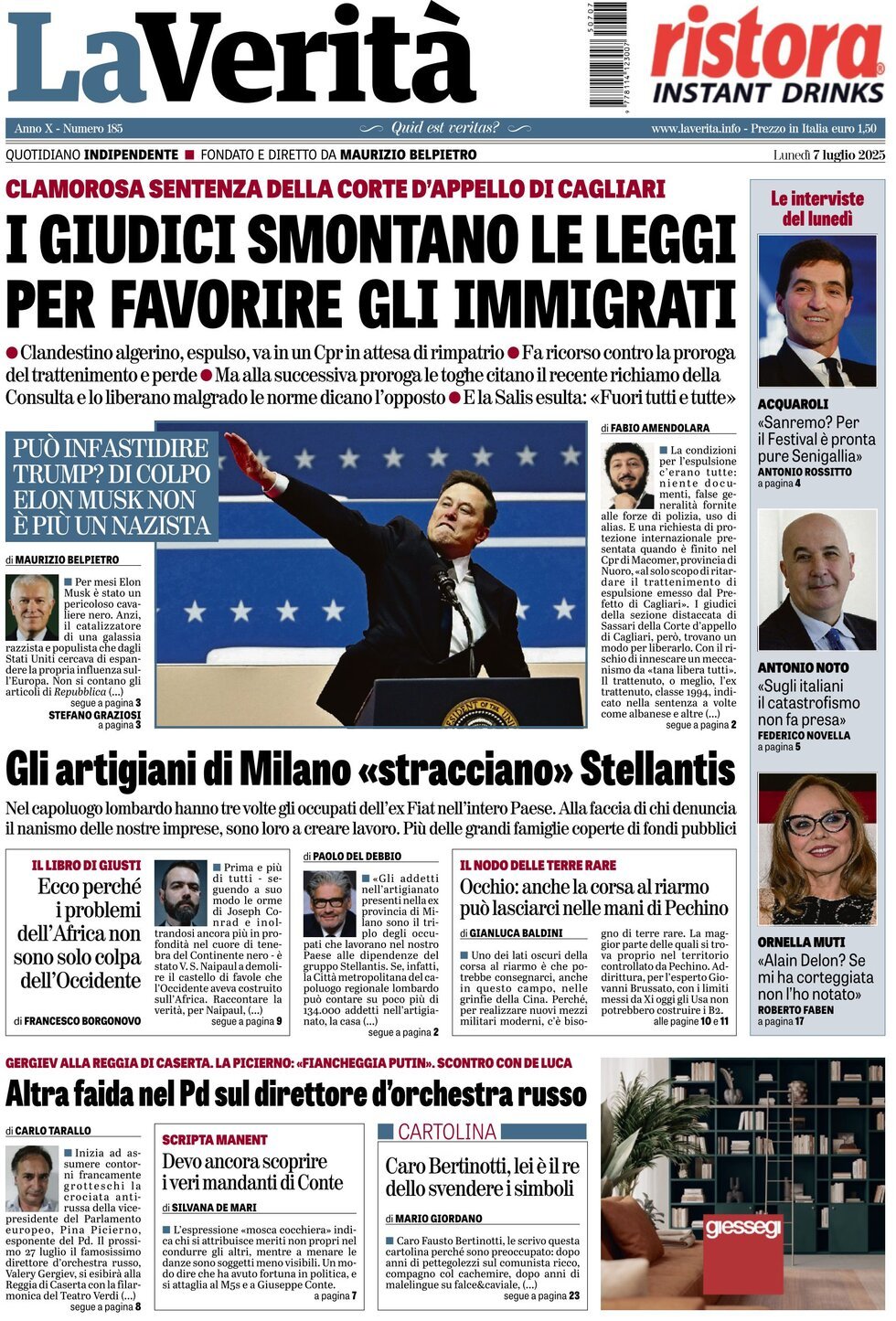 anteprima della prima pagina di la-verit del 07/07/2025