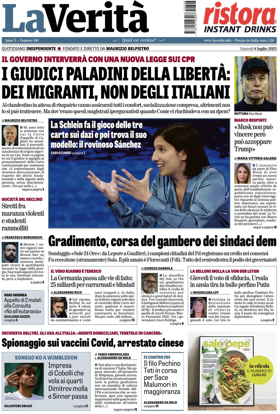 anteprima della prima pagina di la-verit del 08/07/2025