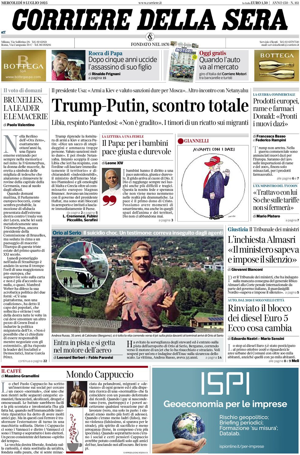 Anteprima prima pagina della rasegna stampa di ieri 2025-07-09 - corriere-della-sera/