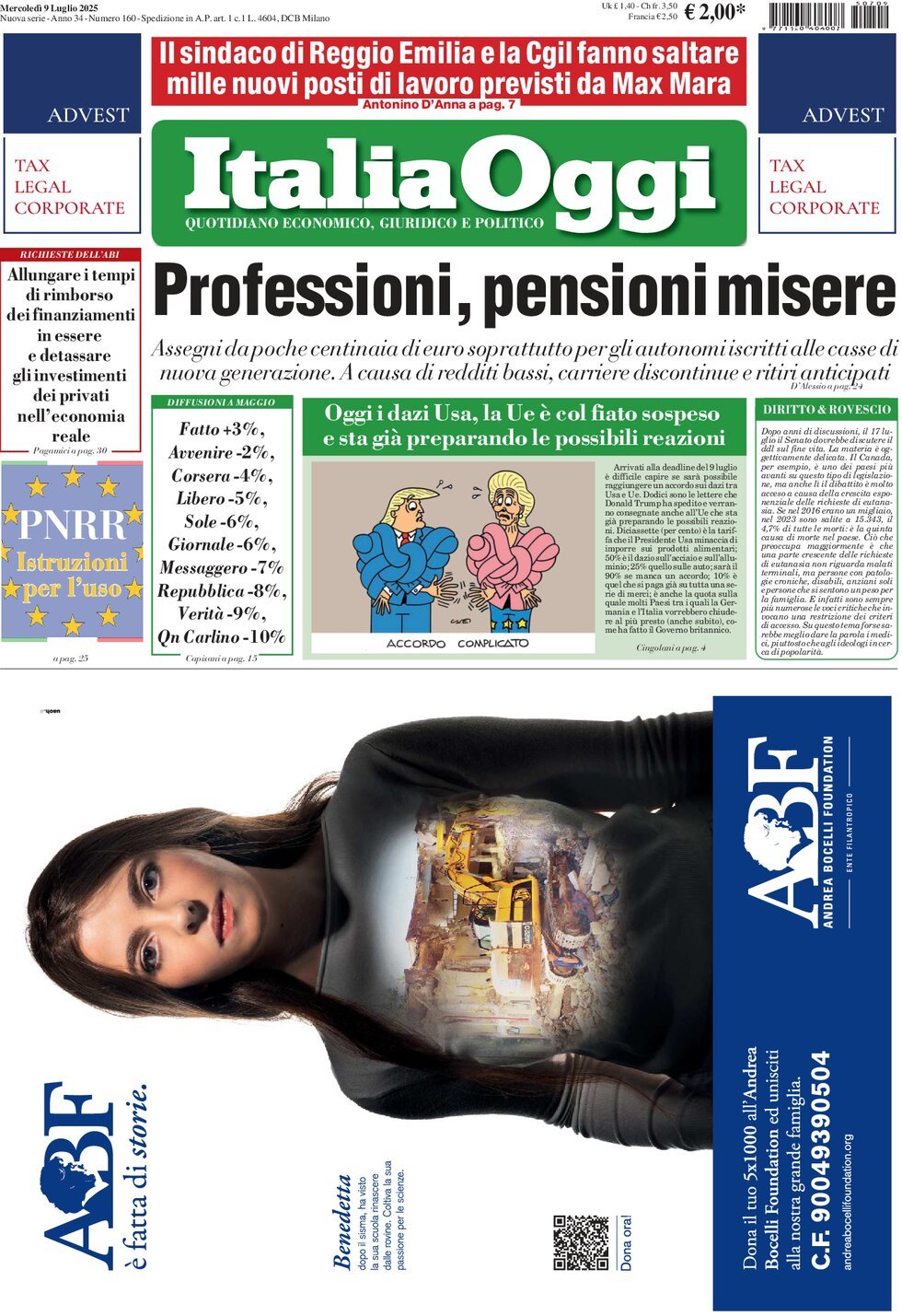Anteprima prima pagina della rasegna stampa di ieri 2025-07-09 - italia-oggi/