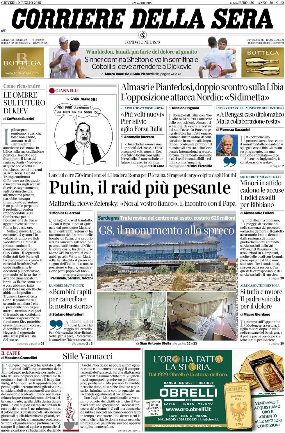 prima pagina - Corriere della Sera del 10/07/2025