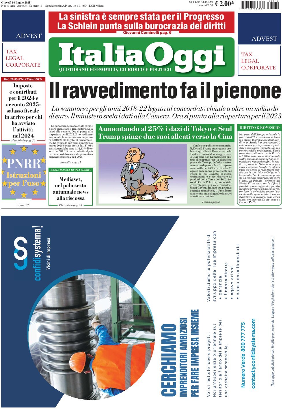 prima pagina - ItaliaOggi del 10/07/2025