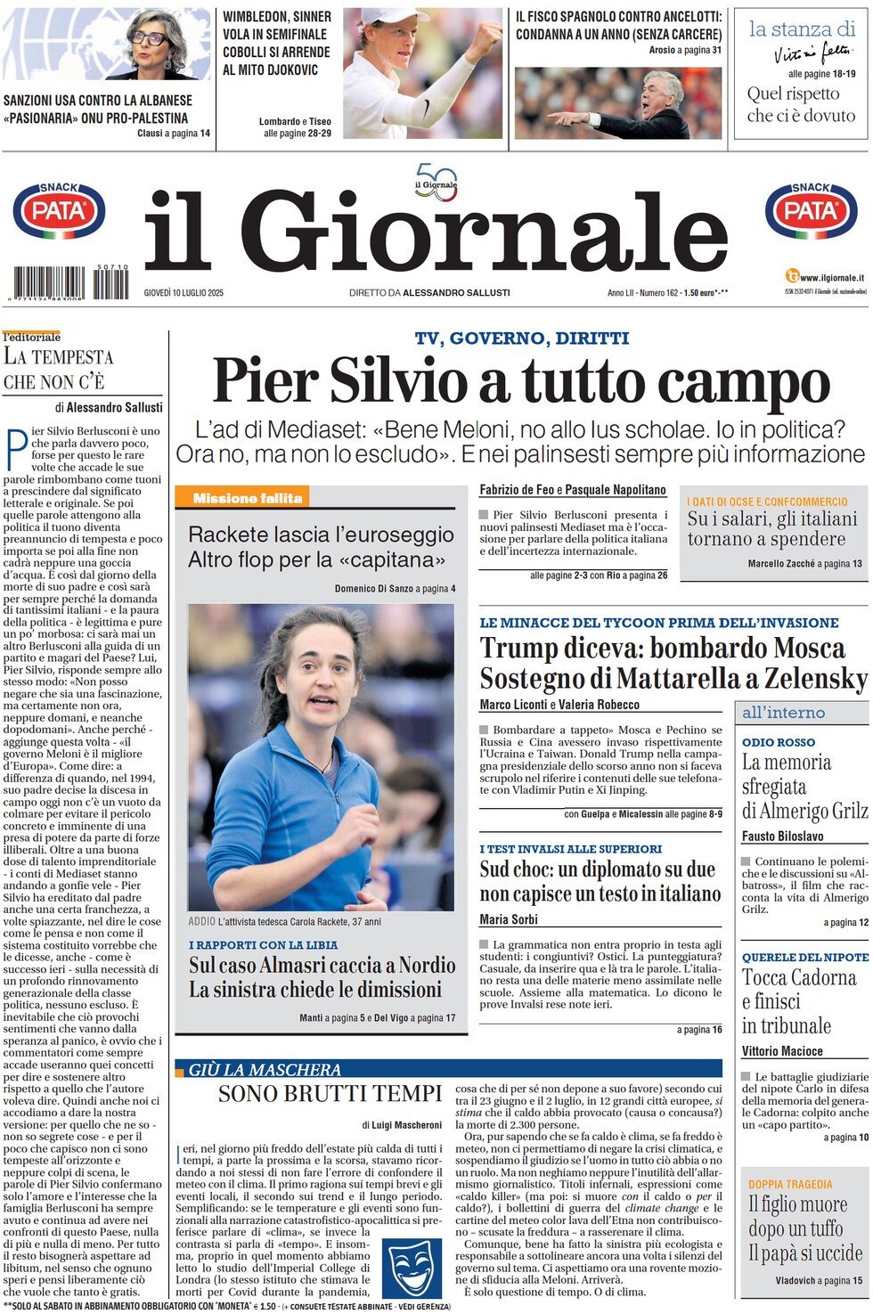 anteprima della prima pagina di il-giornale del 10/07/2025