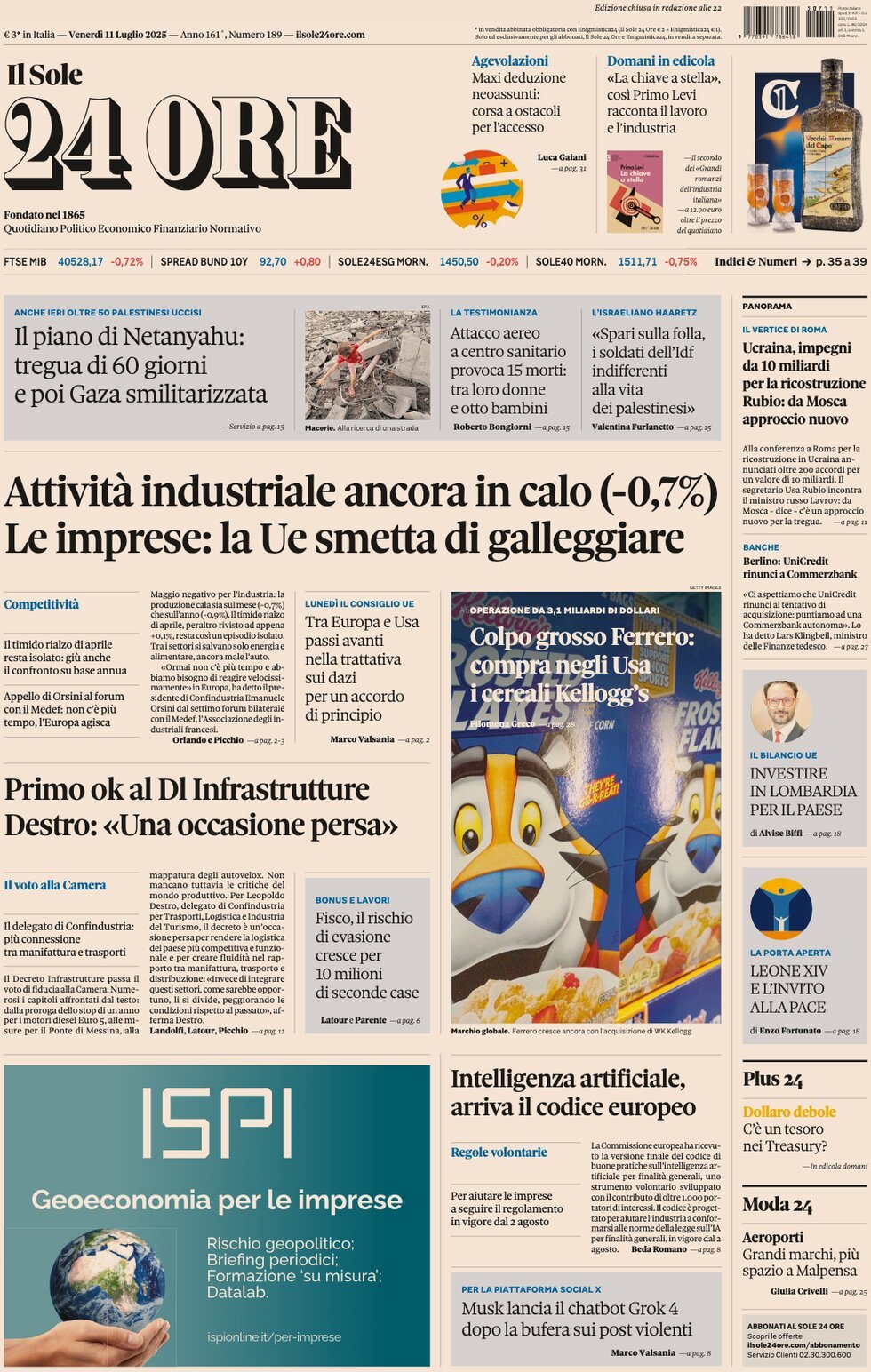anteprima della prima pagina di Il Sole 24 Ore