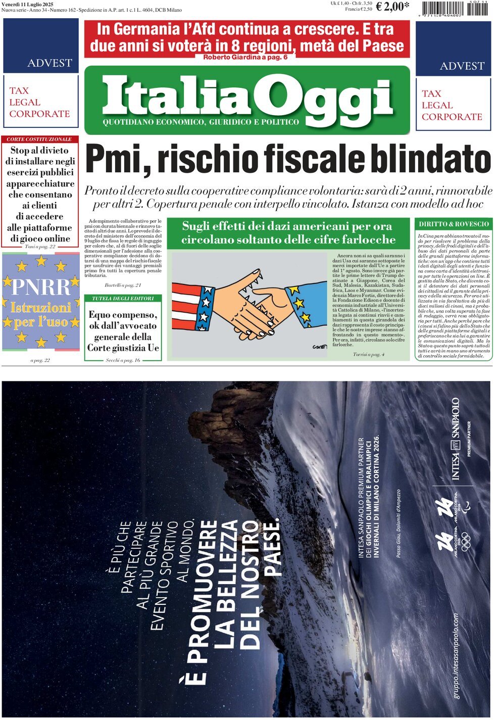 anteprima della prima pagina di ItaliaOggi