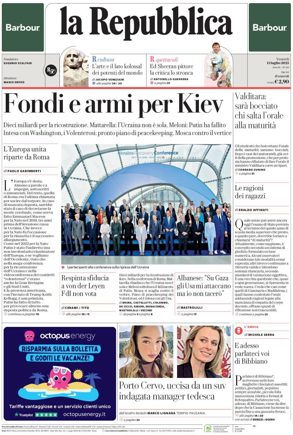 anteprima della prima pagina di La Repubblica