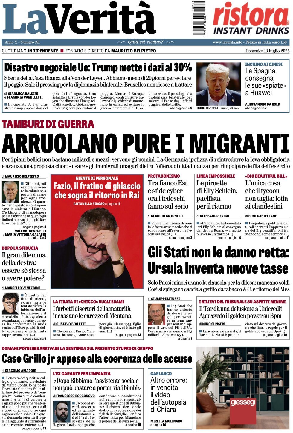 anteprima della prima pagina di La Verità