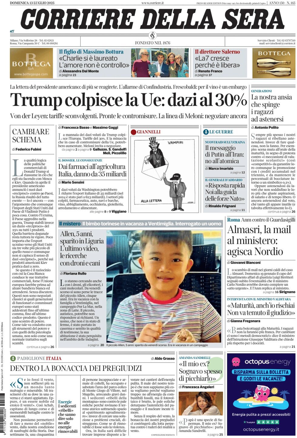 anteprima della prima pagina di Corriere della Sera