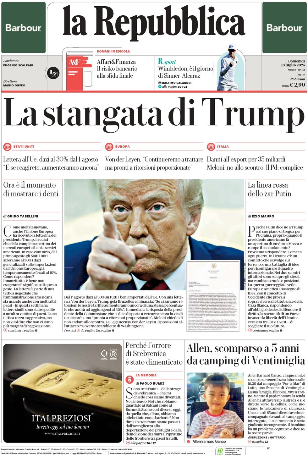 anteprima della prima pagina di La Repubblica