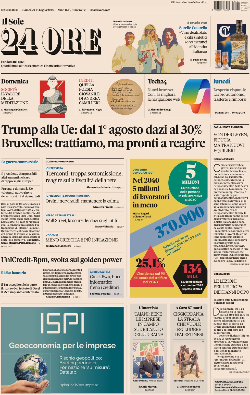 anteprima della prima pagina di Il Sole 24 Ore