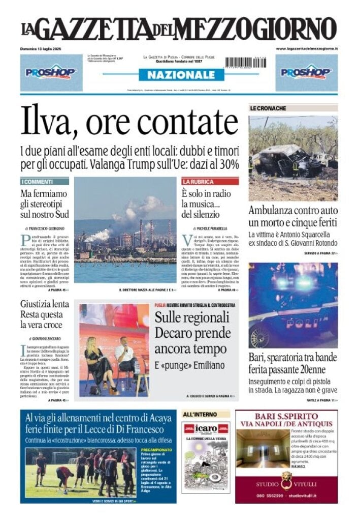 anteprima della prima pagina di La Gazzetta del Mezzogiorno (Bari)