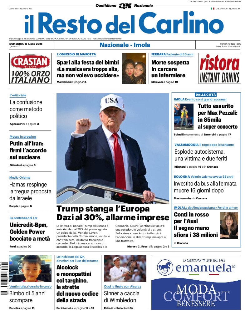 anteprima della prima pagina di Il Resto del Carlino