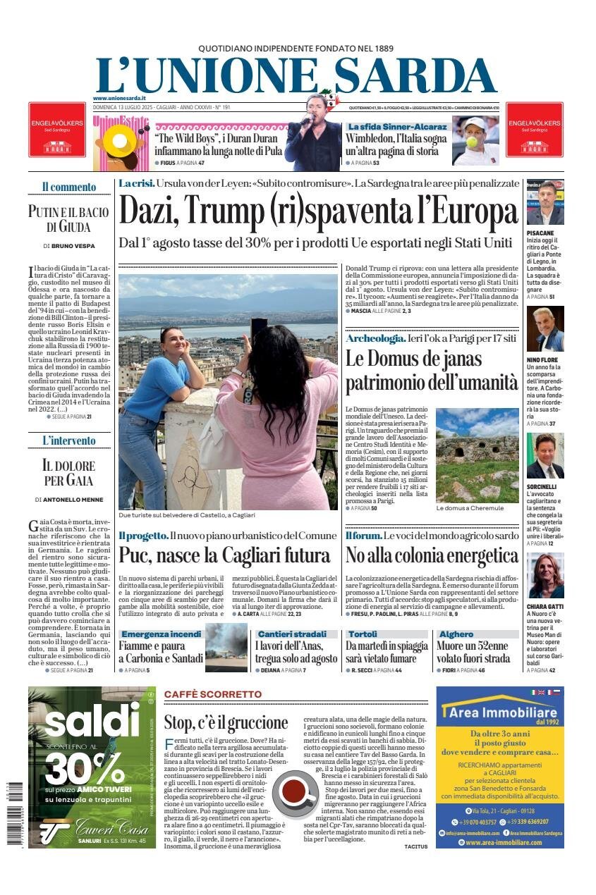 anteprima della prima pagina di L'Unione Sarda