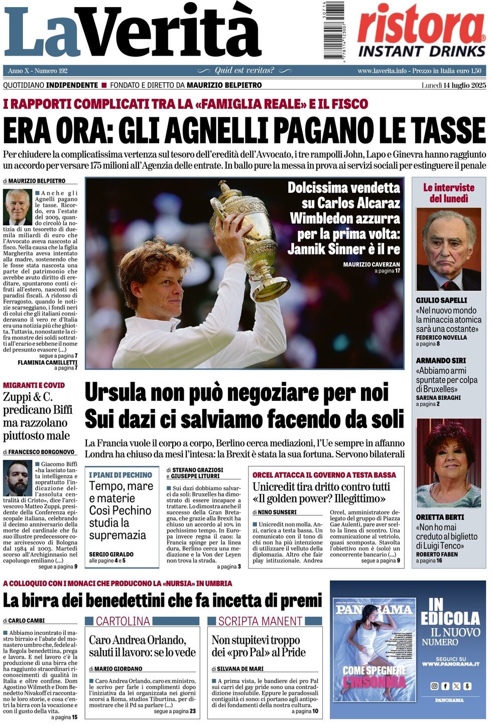 anteprima della prima pagina di la-verit del 14/07/2025