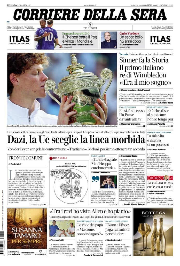 anteprima della prima pagina di corriere-della-sera del 14/07/2025