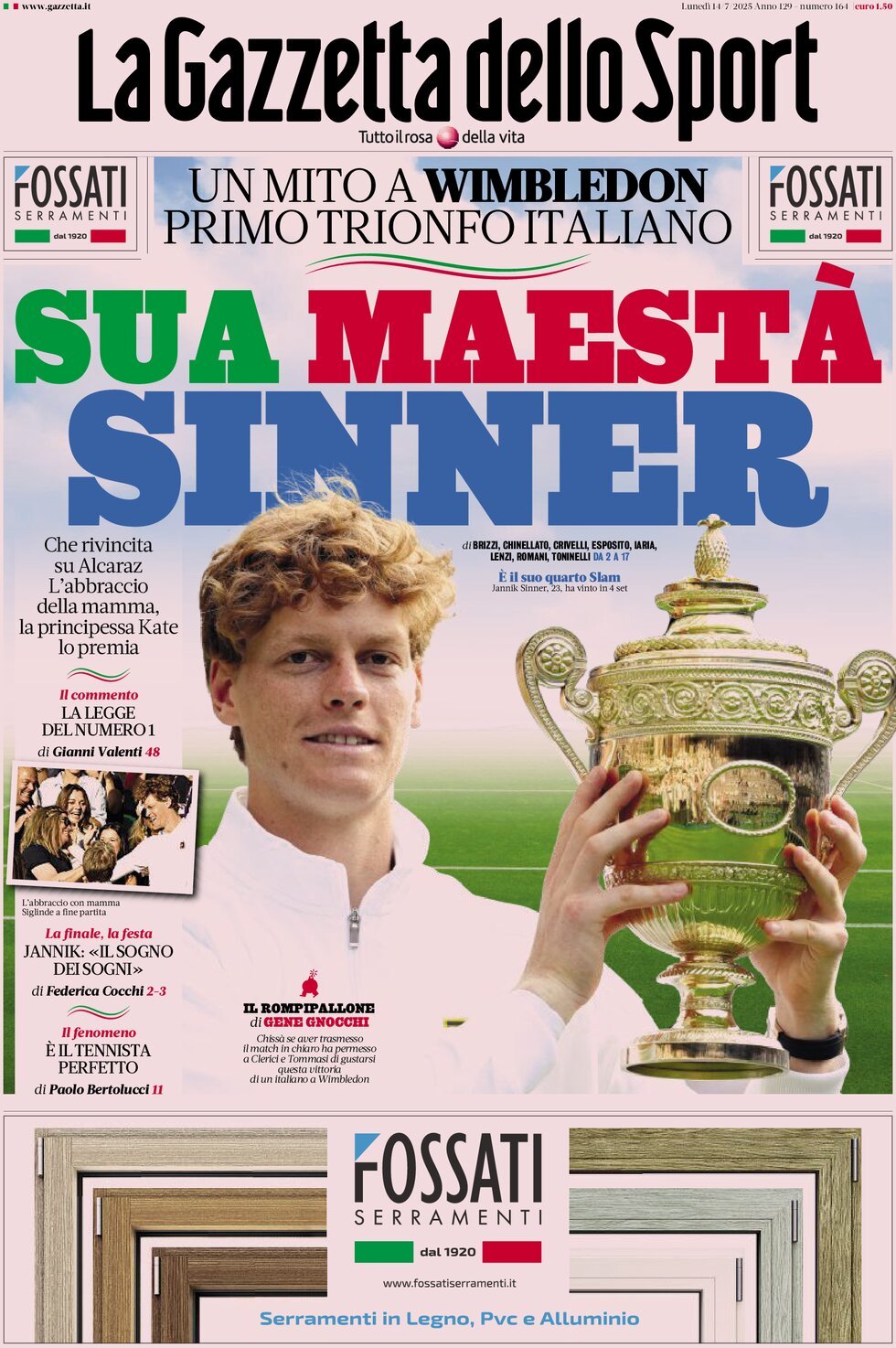 prima pagina - La Gazzetta dello Sport del 14/07/2025