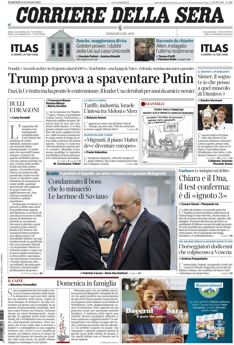 anteprima della prima pagina di corriere-della-sera del 15/07/2025