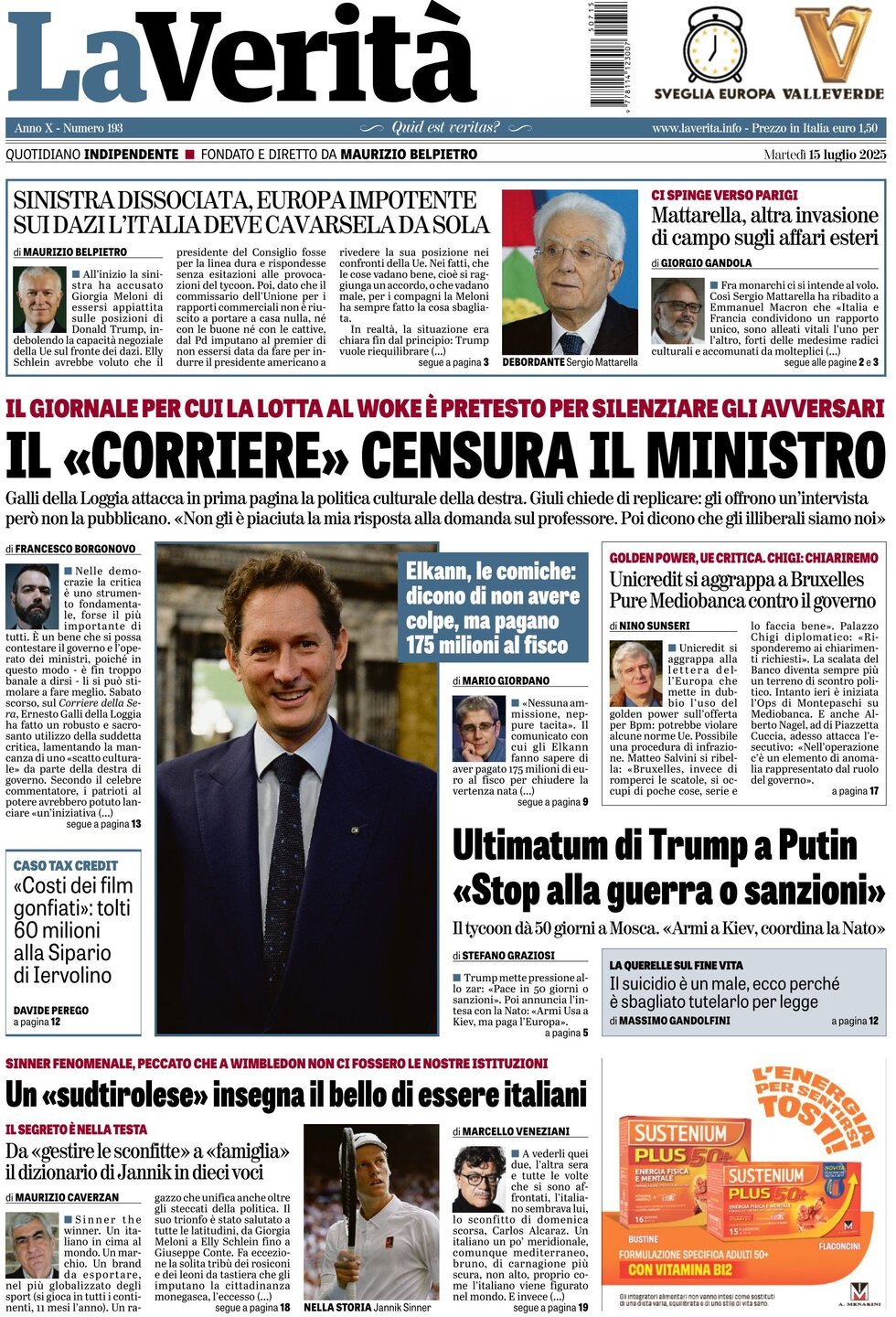 anteprima della prima pagina di la-verit del 15/07/2025