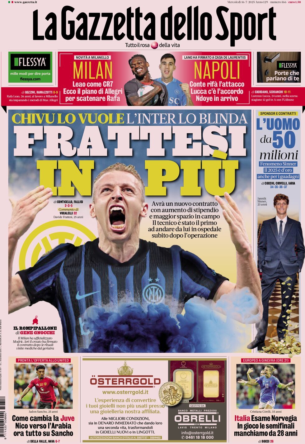 anteprima della prima pagina di la-gazzetta-dello-sport del 16/07/2025