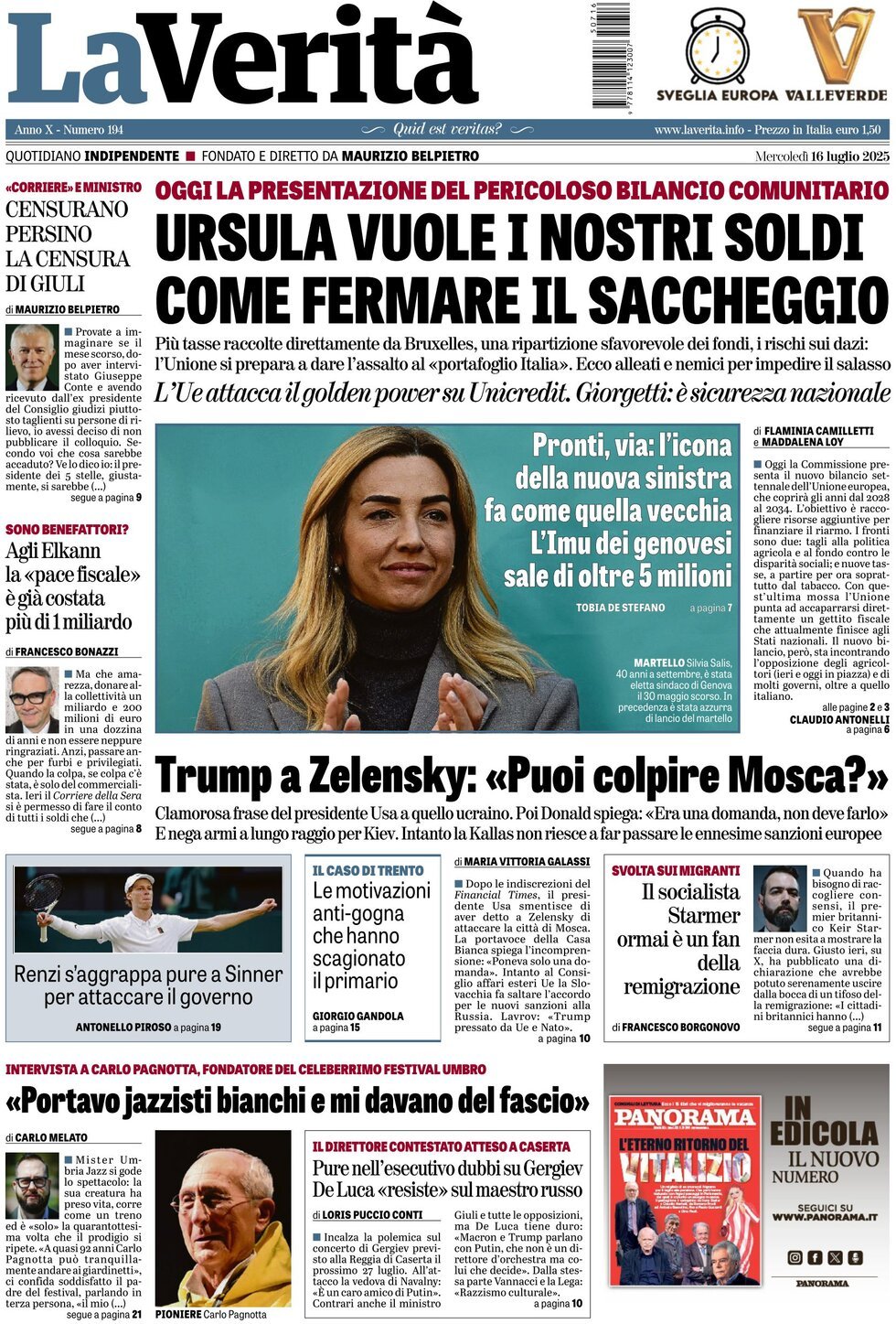 anteprima della prima pagina di la-verit del 16/07/2025