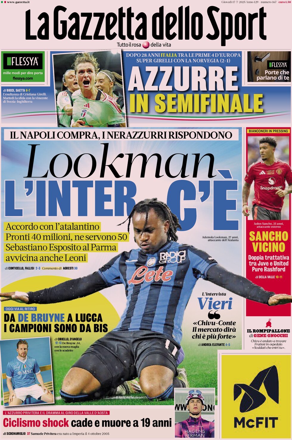 anteprima della prima pagina di la-gazzetta-dello-sport del 17/07/2025