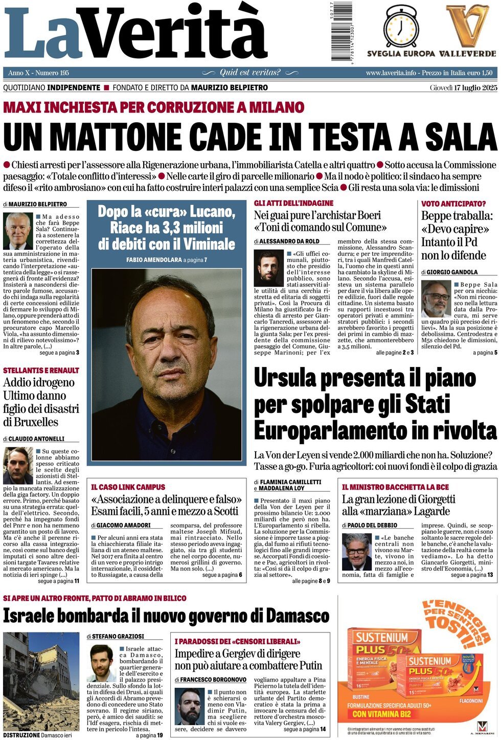 anteprima della prima pagina di la-verit del 17/07/2025