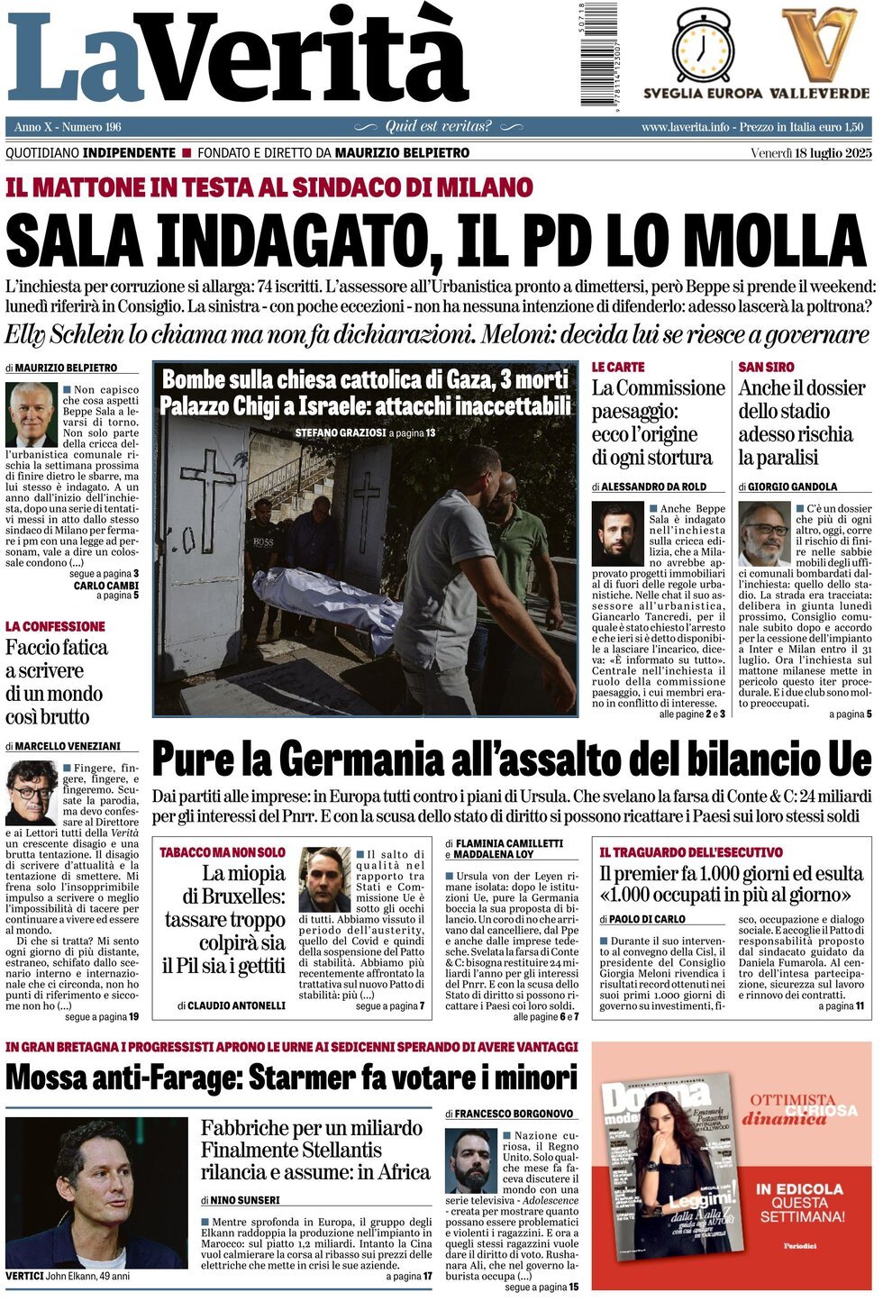 anteprima della prima pagina di la-verit del 18/07/2025