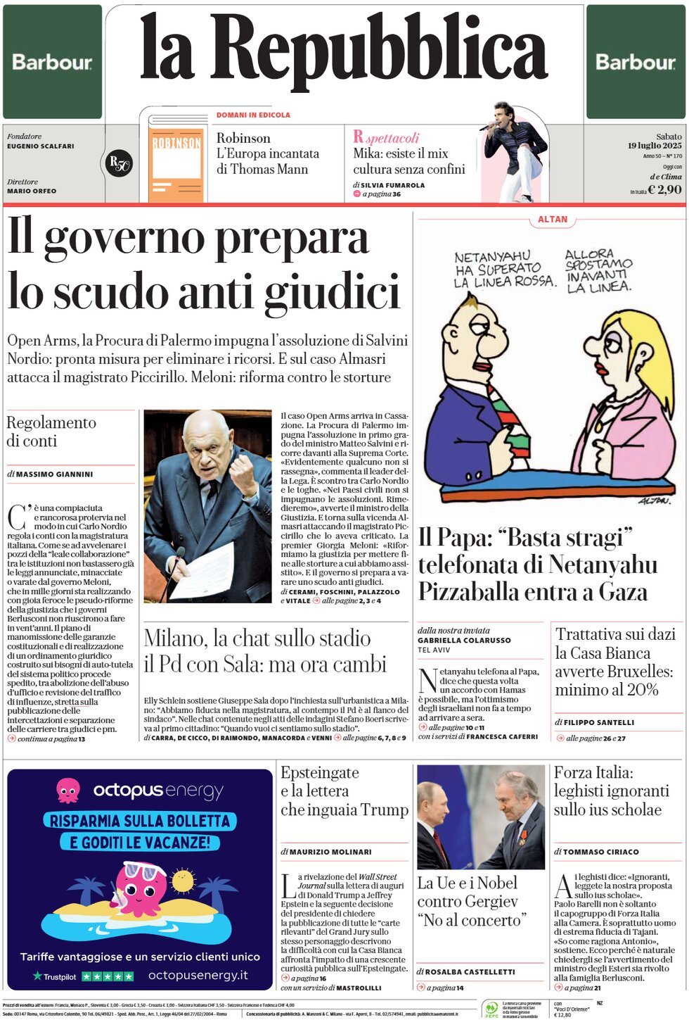 anteprima della prima pagina di La Repubblica