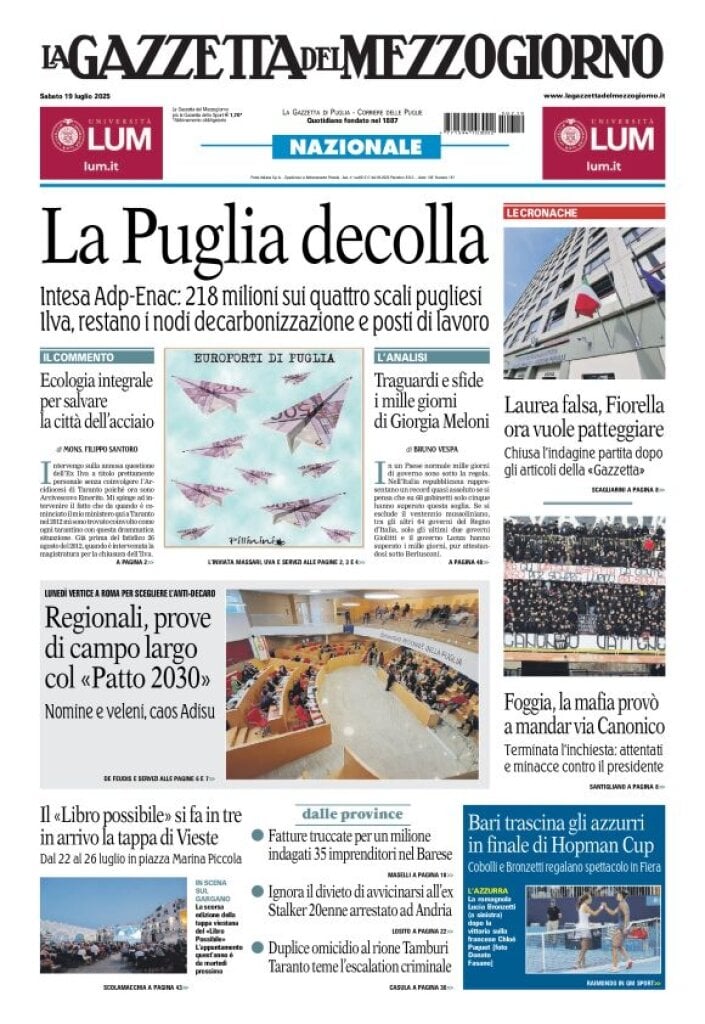 anteprima della prima pagina di La Gazzetta del Mezzogiorno (Bari)