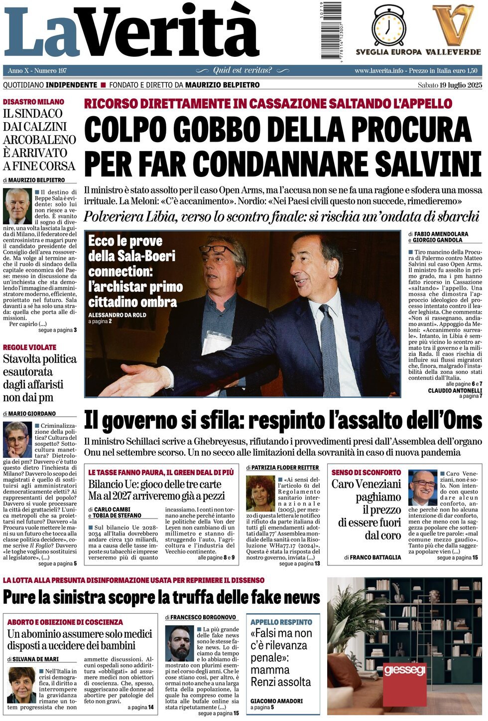 anteprima della prima pagina di La Verità
