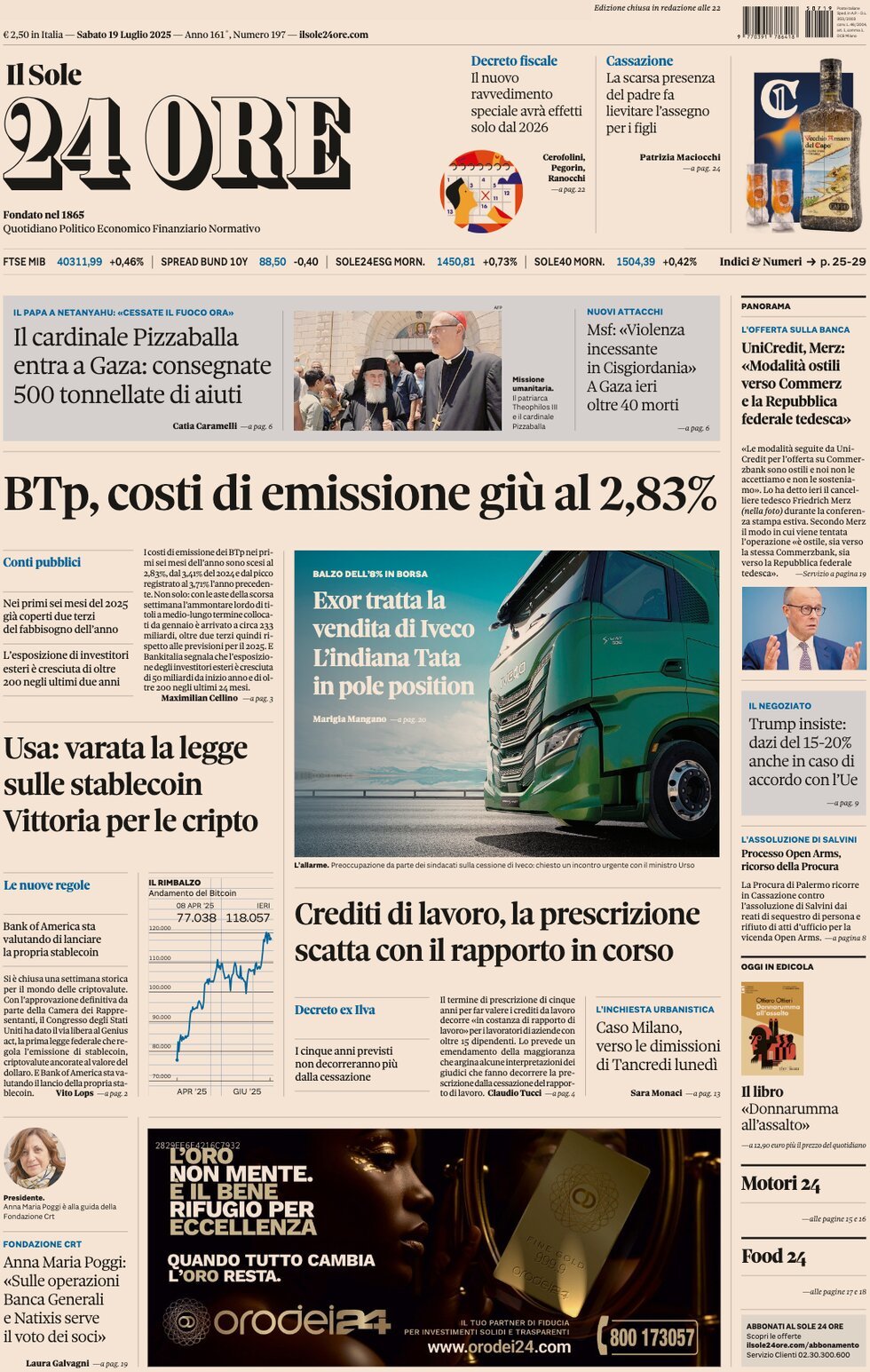 anteprima della prima pagina di Il Sole 24 Ore