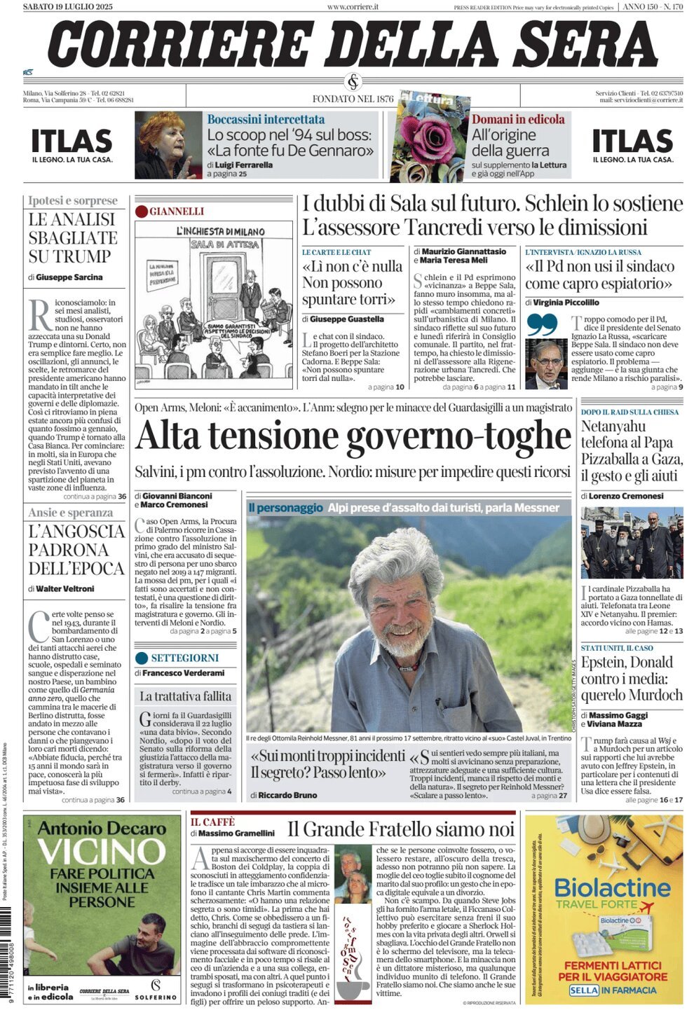 anteprima della prima pagina di corriere-della-sera del 19/07/2025