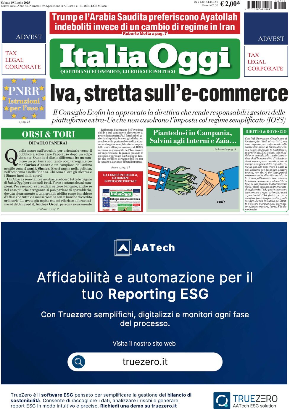 anteprima della prima pagina di ItaliaOggi