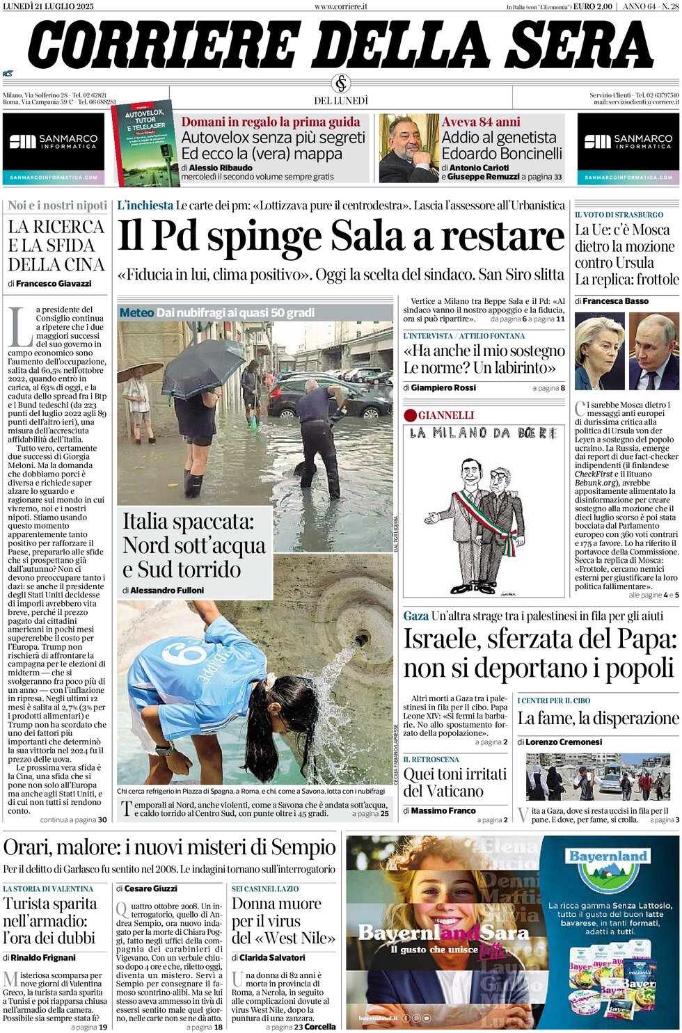 anteprima della prima pagina di corriere-della-sera del 21/07/2025