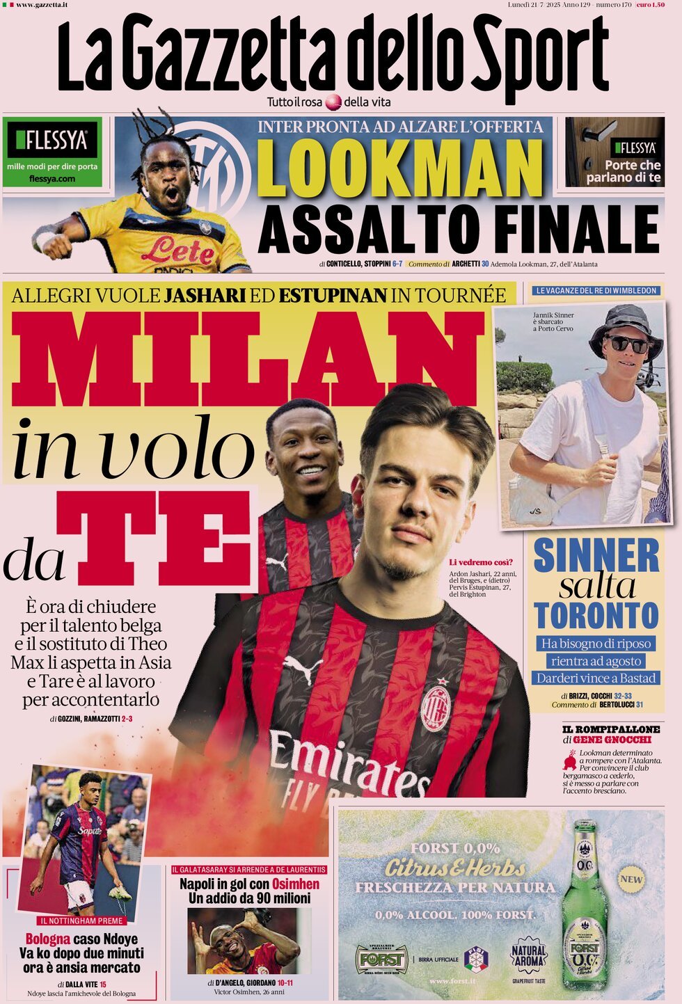 anteprima della prima pagina di la-gazzetta-dello-sport del 21/07/2025