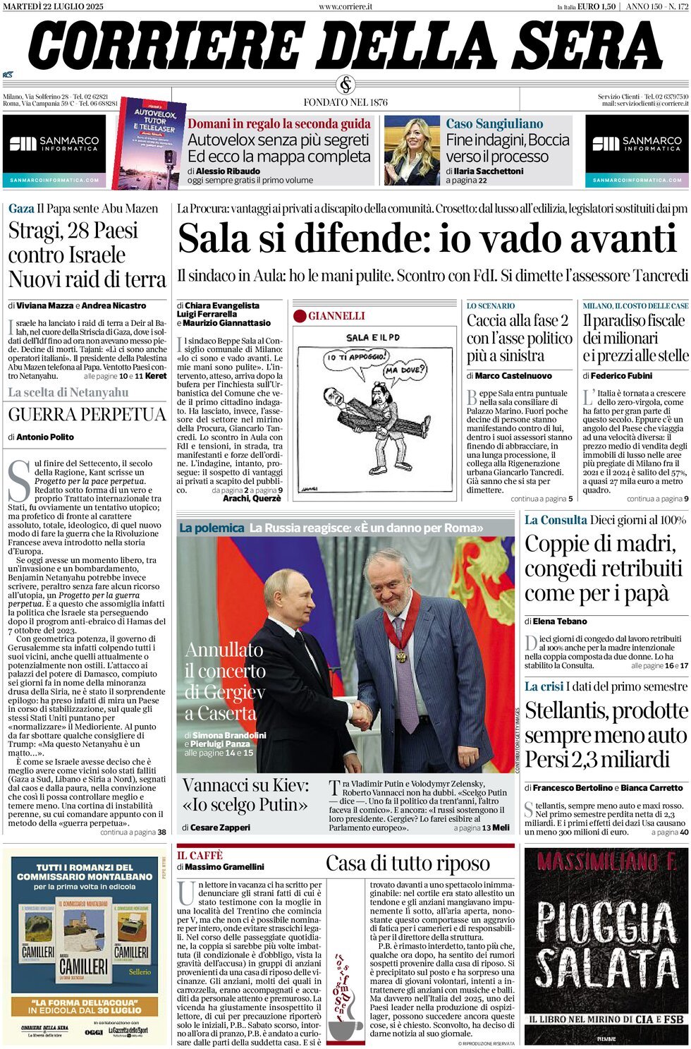 anteprima della prima pagina di corriere-della-sera del 22/07/2025