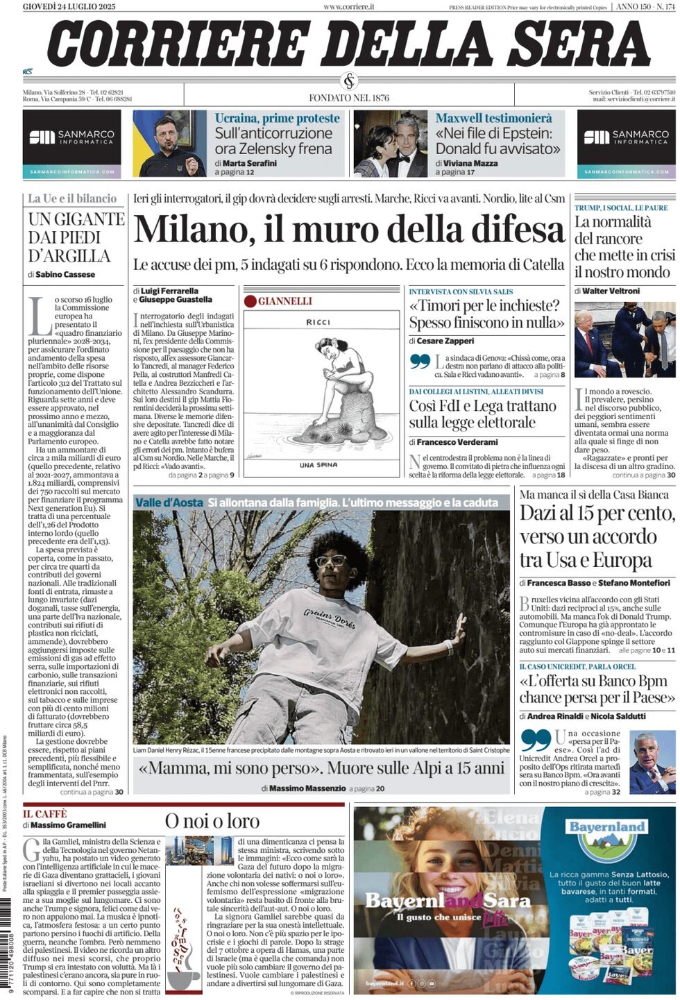 anteprima della prima pagina di corriere-della-sera del 24/07/2025