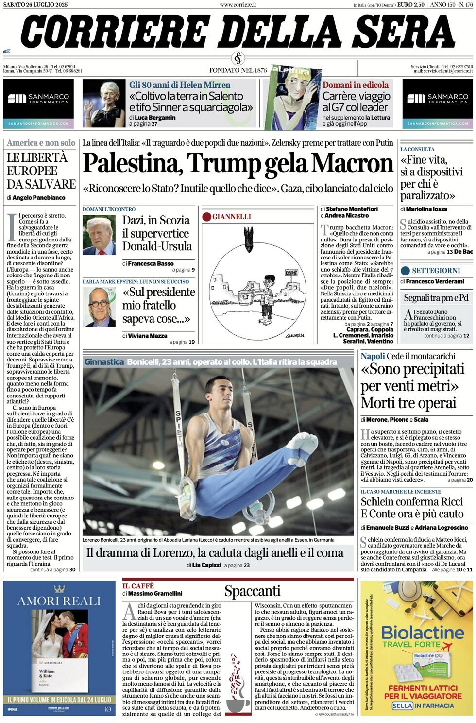 anteprima della prima pagina di corriere-della-sera del 26/07/2025