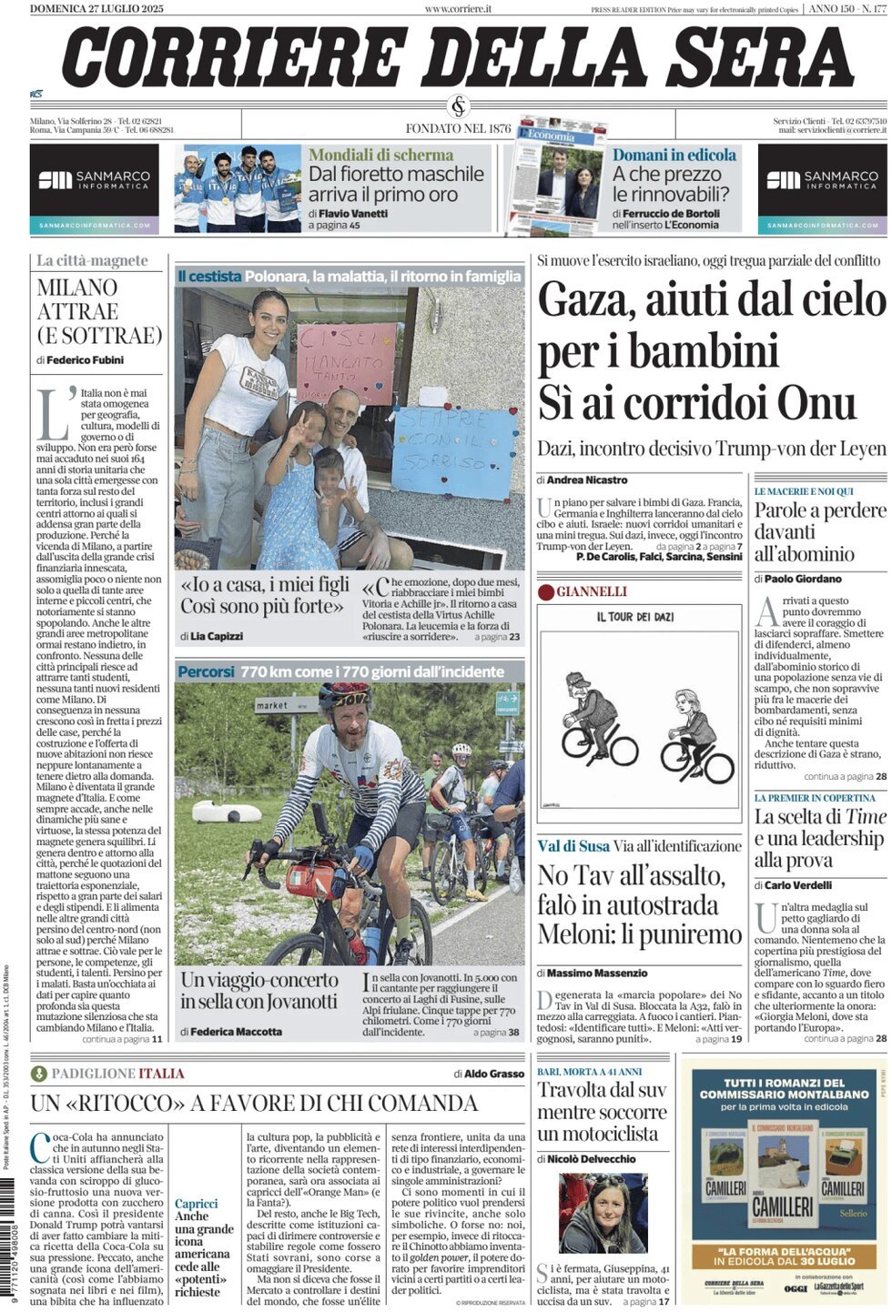 anteprima della prima pagina di corriere-della-sera del 27/07/2025