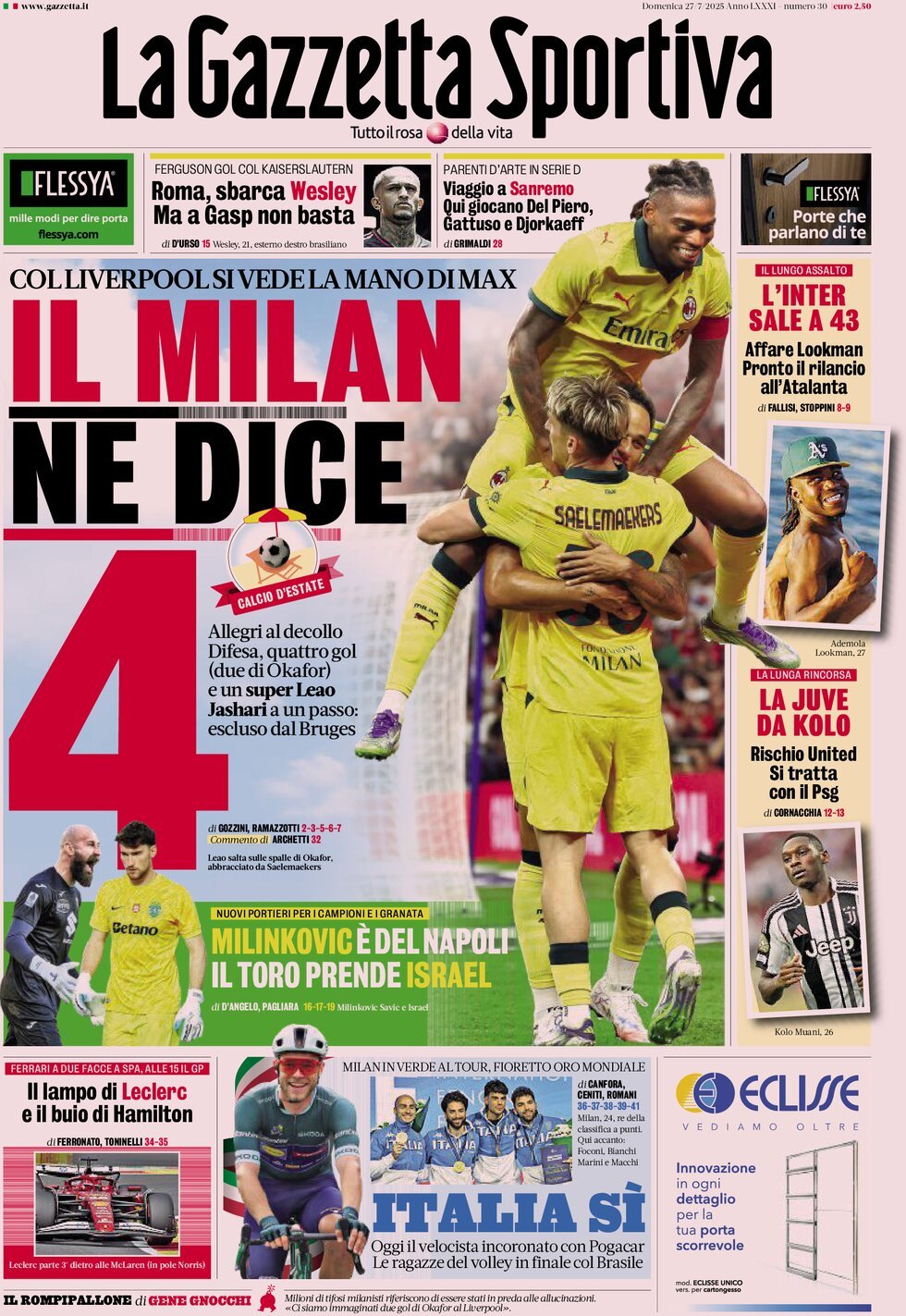 anteprima della prima pagina di la-gazzetta-dello-sport del 27/07/2025