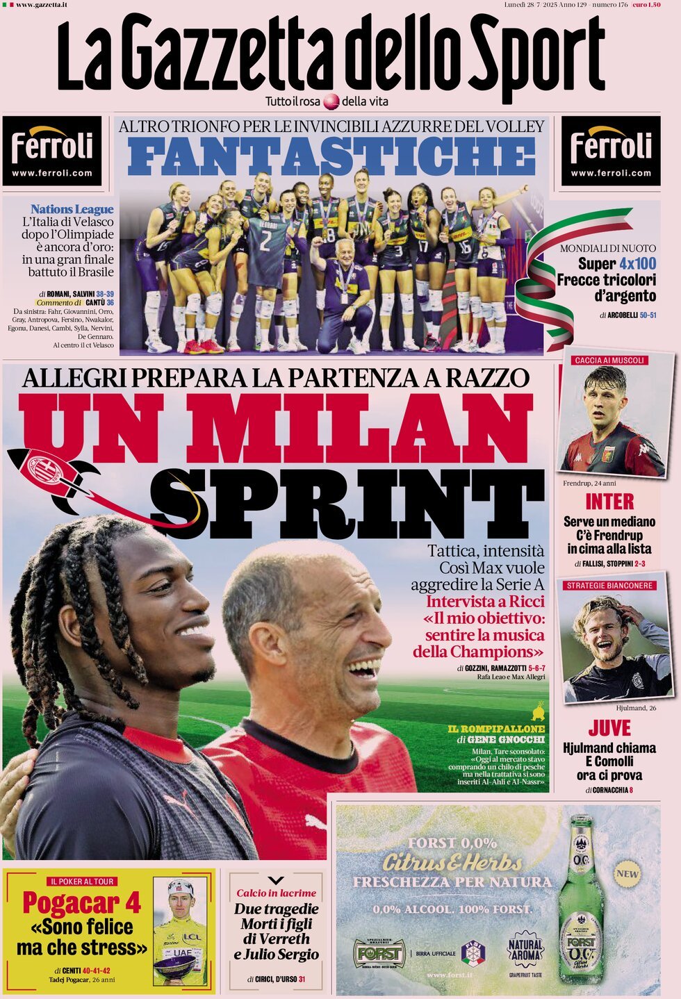 anteprima della prima pagina di la-gazzetta-dello-sport del 28/07/2025