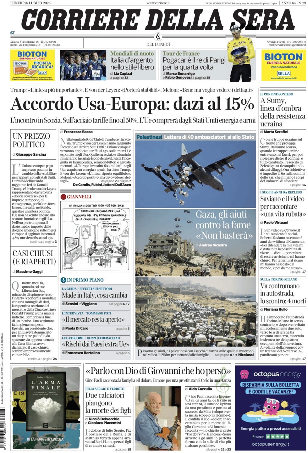 anteprima della prima pagina di corriere-della-sera del 28/07/2025