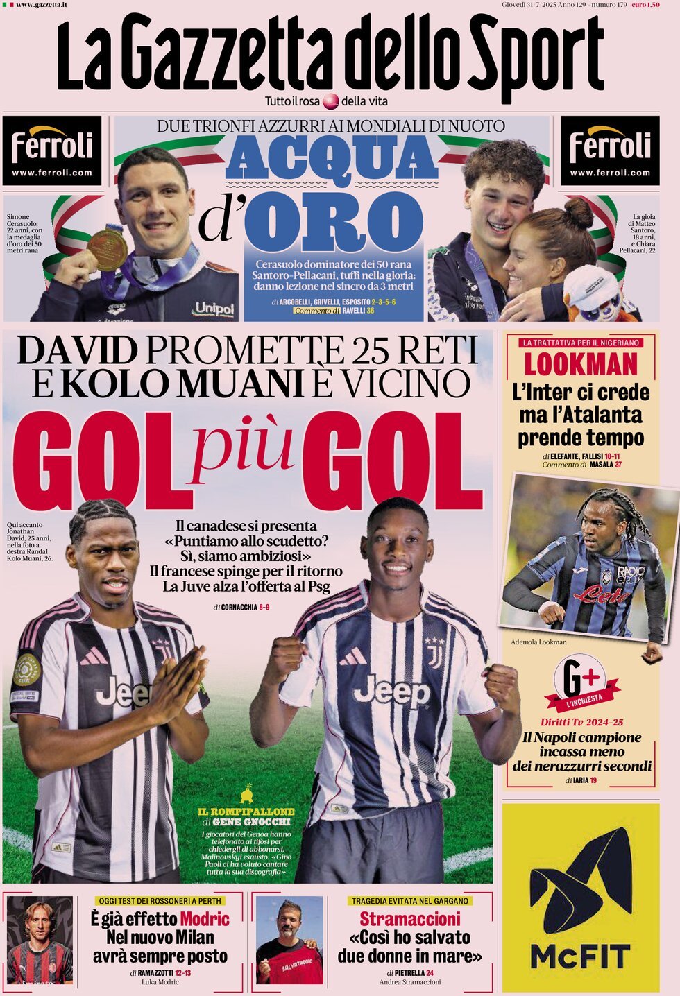 anteprima della prima pagina di la-gazzetta-dello-sport del 31/07/2025