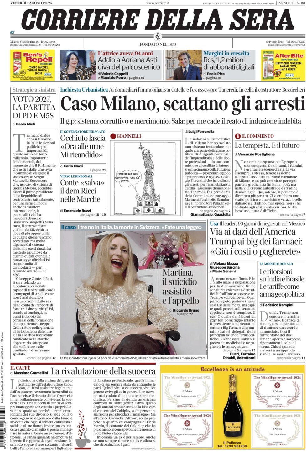 anteprima della prima pagina di corriere-della-sera del 01/08/2025
